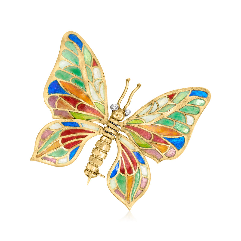 Multicolored enamel butterfly pin with diamond accents, 18kt yellow gold tone