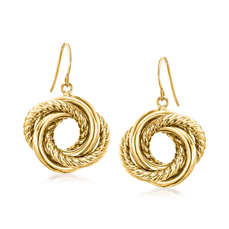 14kt yellow gold circle drop earrings with twisted rope-style wreath and earwire hooks