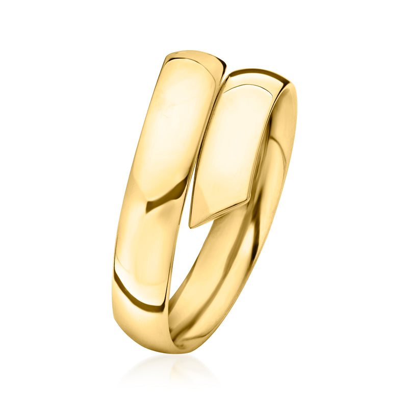 Yellow gold bypass ring, glossy high-shine polished band, side view