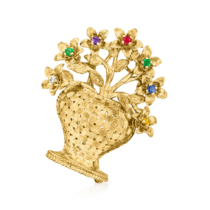 Vintage 18kt yellow gold flower vase pin with colorful gemstone blossoms and diamond