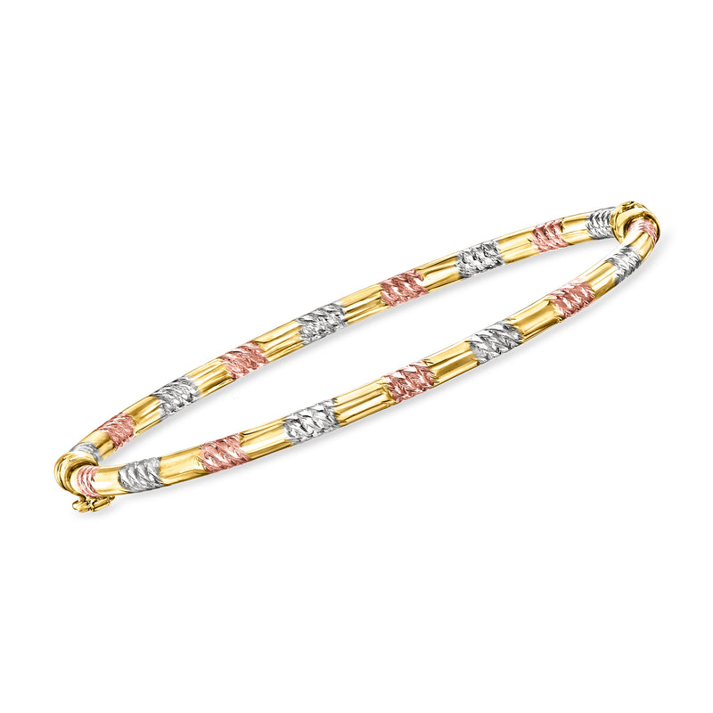 Tri-colored 18kt gold bangle bracelet with alternating pink and white enamel inlay links