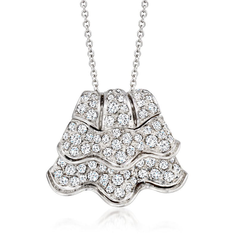 Scalloped diamond pendant necklace in white gold with clustered round diamonds