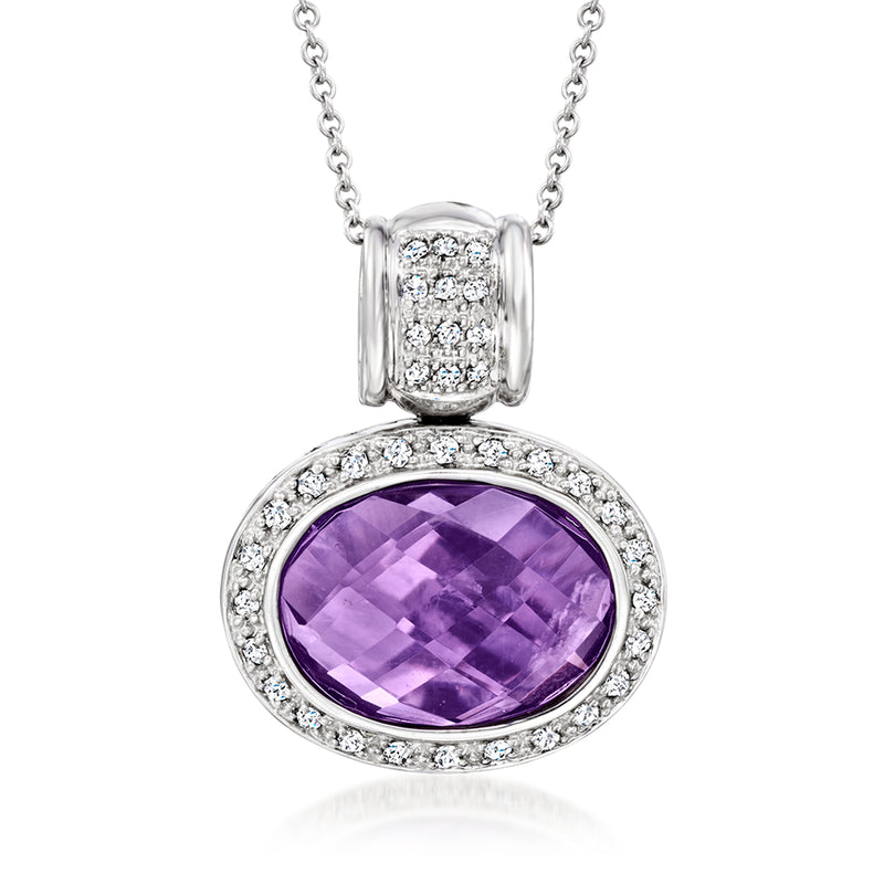 Oval amethyst pendant with diamond halo and 14kt white gold chain