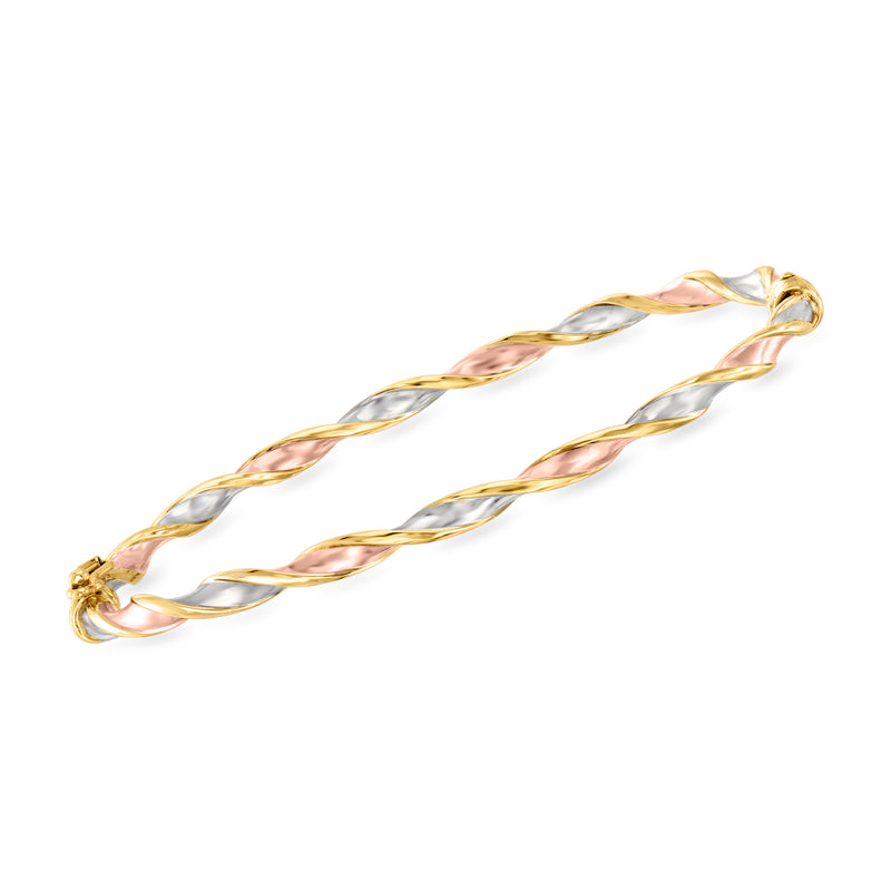18kt tri-colored gold twisted bangle bracelet with pink and white twisted cable links