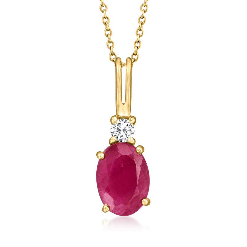 14kt yellow gold pendant necklace with oval ruby and single round diamond bezel