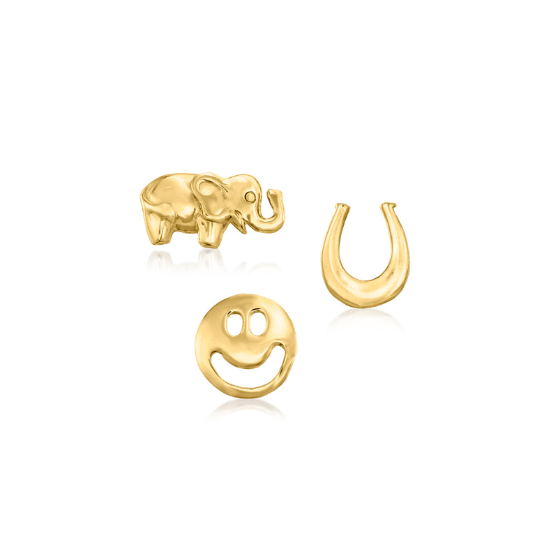 14kt yellow gold lucky symbol stud earrings set with elephant, horseshoe, and smiley face
