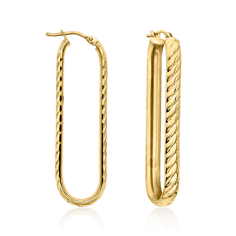 Yellow gold twisted paper-clip link hoop earrings, oval hoops with clasp, hinged closure