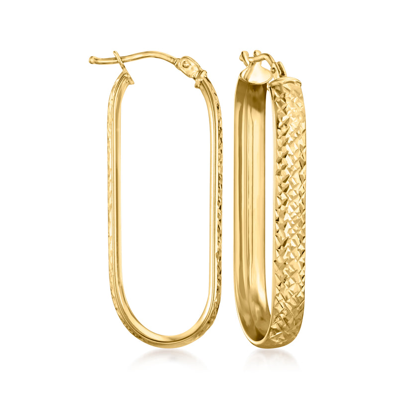 Yellow gold hoop earrings with diamond-cut texture and hinge clasp