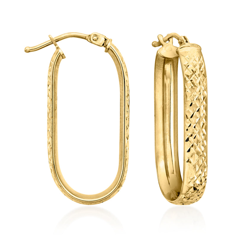 Yellow gold diamond-cut paper clip link hoop earrings, oval profile