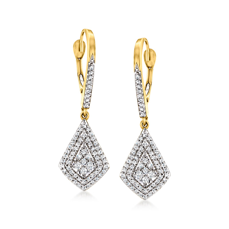 Diamond kite-shaped drop earrings in 14kt yellow gold leverback style