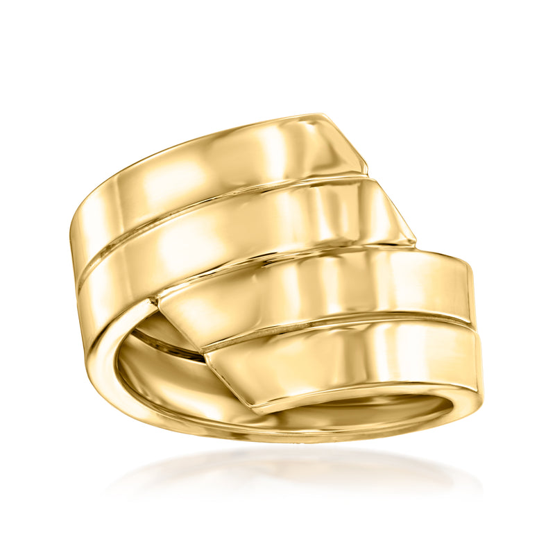 14kt yellow gold multi-row bypass ring, polished stacked bands with open channel