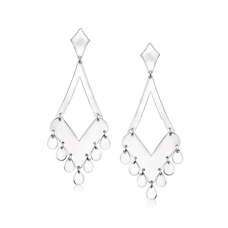 Sterling silver diamond-shaped drop earrings with dangling teardrop charms