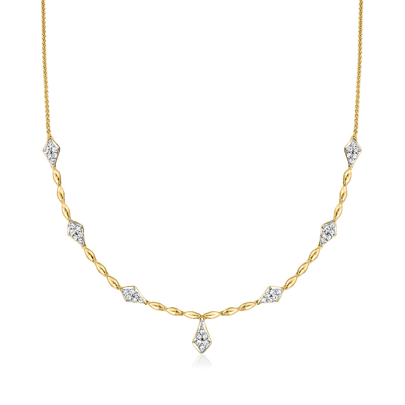 14kt yellow gold station necklace with kite-shaped diamond accents and central drop