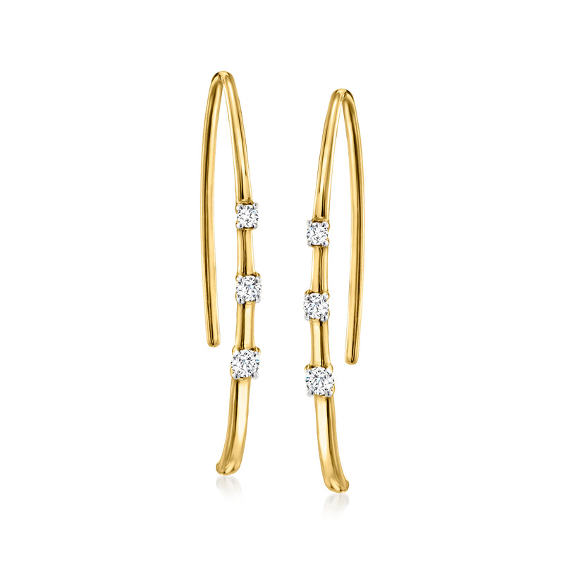 14kt yellow gold diamond drop earrings with 3 round stones and hoop earwires