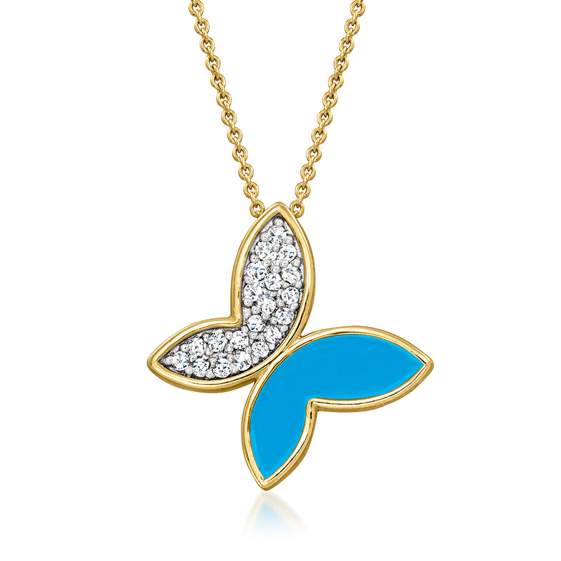 18kt gold over sterling butterfly necklace with blue enamel wings and diamond accents