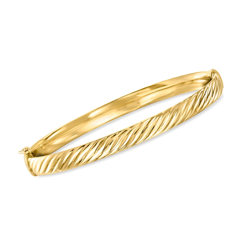 18kt yellow gold twisted bangle bracelet with ribbed, spiral texture