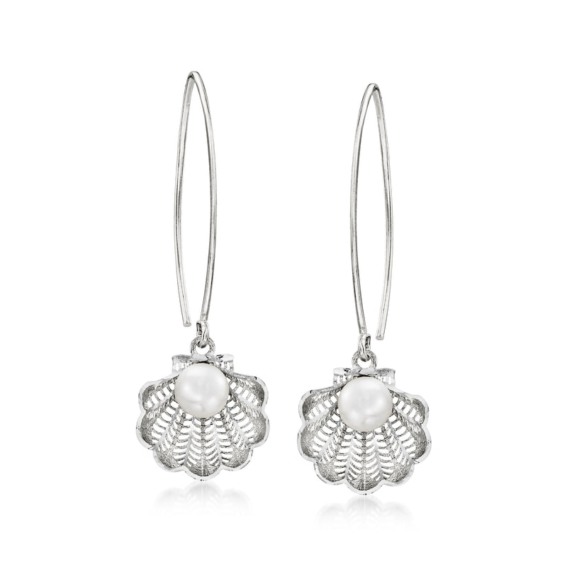 Sterling silver drop earrings with white cultured pearl and seashell filigree