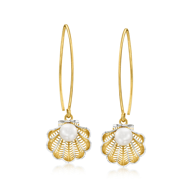 Gold over sterling seashell drop earrings with white pearl centers, earwire style