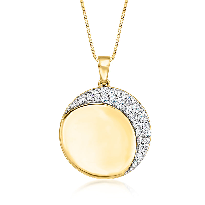 18kt yellow gold diamond crescent moon pendant necklace with round polished center