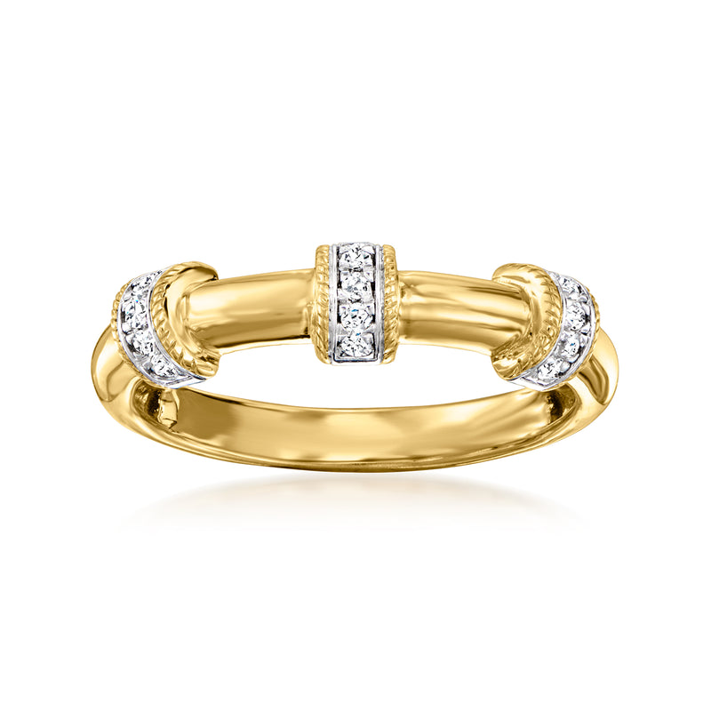 Gold diamond station ring with rectangular center and round side stones