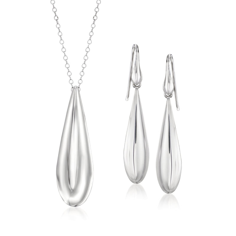 Sterling silver teardrop pendant necklace with matching drop earrings, polished shine