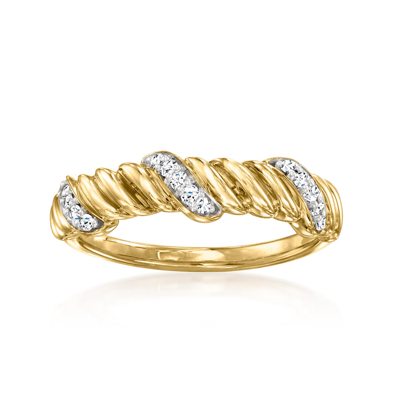 14kt yellow gold twisted diamond ring with three round sparkling stones