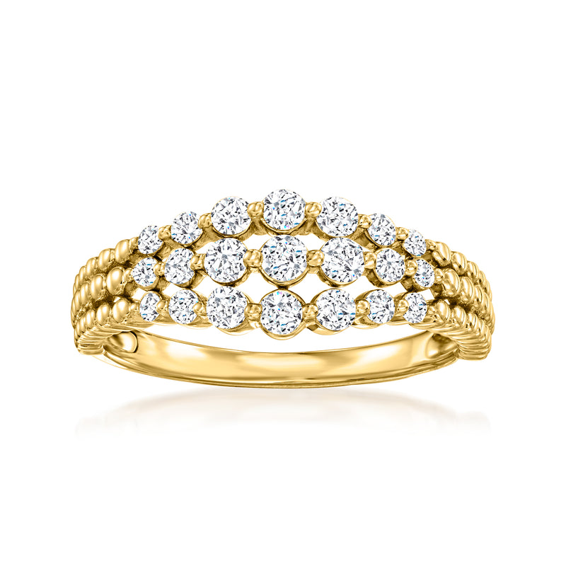 Three-row diamond bubble ring, bezel-set in 14k yellow gold