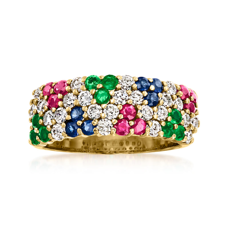 Multi-gemstone and diamond dome ring in 18kt yellow gold with pink, green, blue stones
