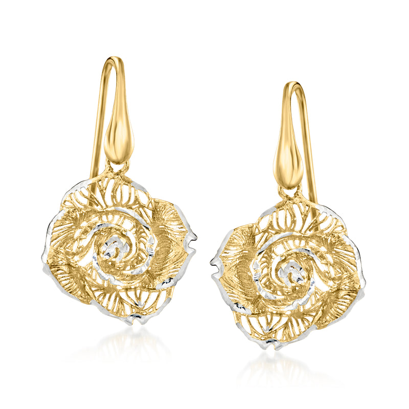 Gold-and-silver filigree rose drop earrings with oval earwire hooks