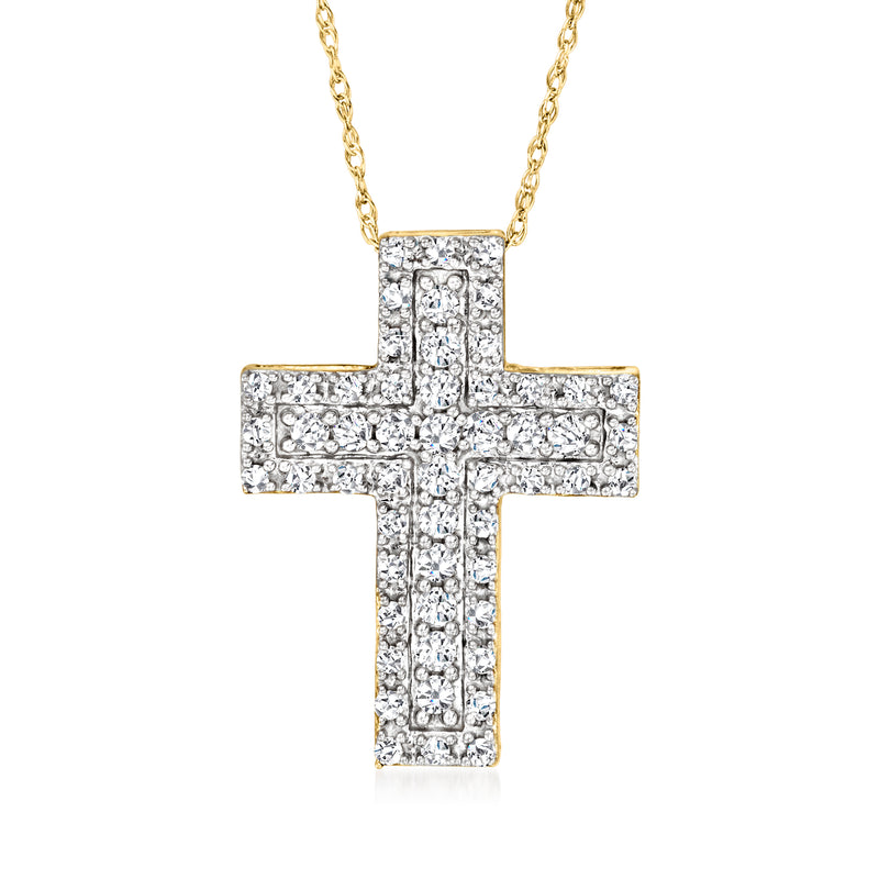 14kt yellow gold diamond cross pendant with round-cut stones, pave square setting