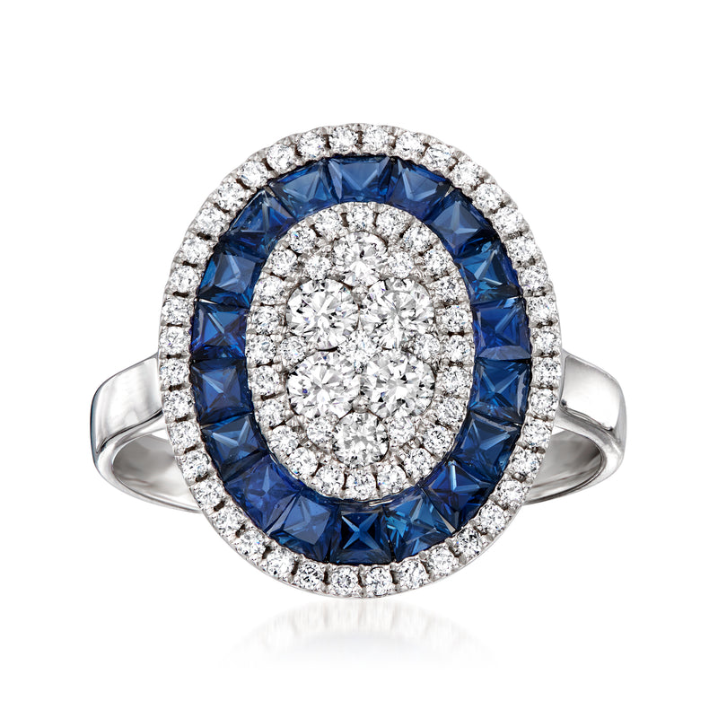 18kt white gold cocktail ring with oval sapphire halo and round diamond center