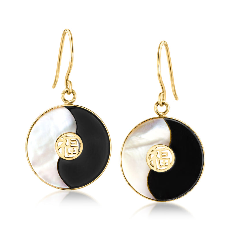 14kt yellow gold yin-yang drop earrings with mother-of-pearl and black agate discs