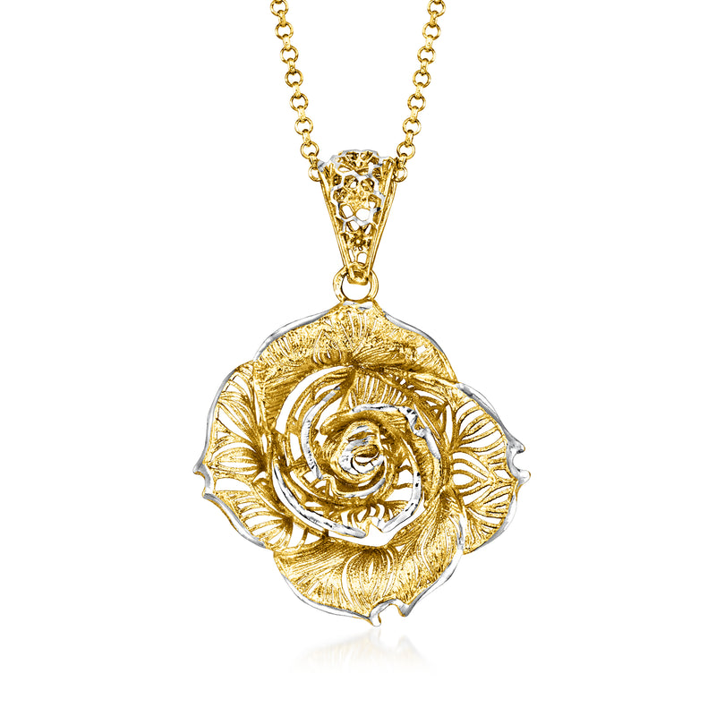 Two-tone rose filigree pendant necklace with gold-tone and silver-tone details