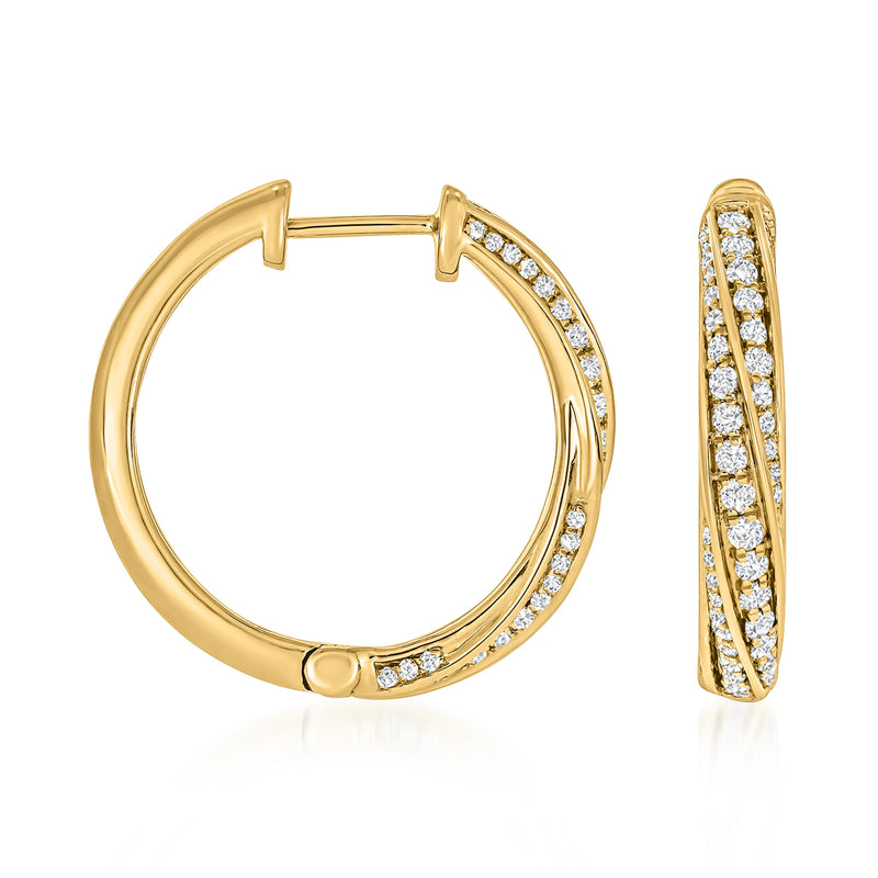 Pair of diamond twisted hoop earrings in 14kt yellow gold
