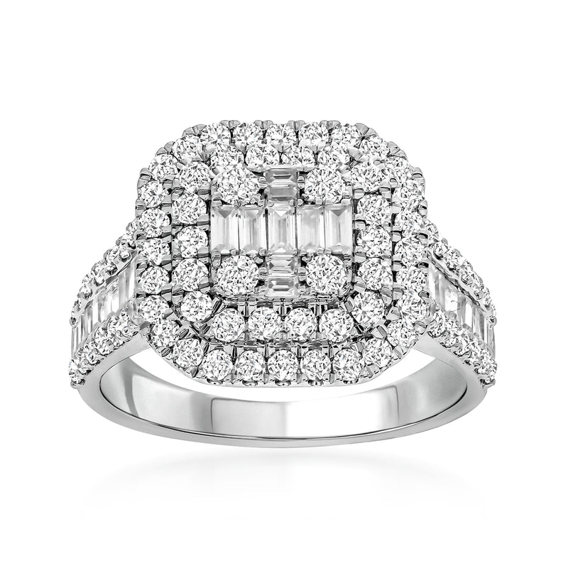 14kt white gold diamond square cluster ring with emerald-cut center and halo