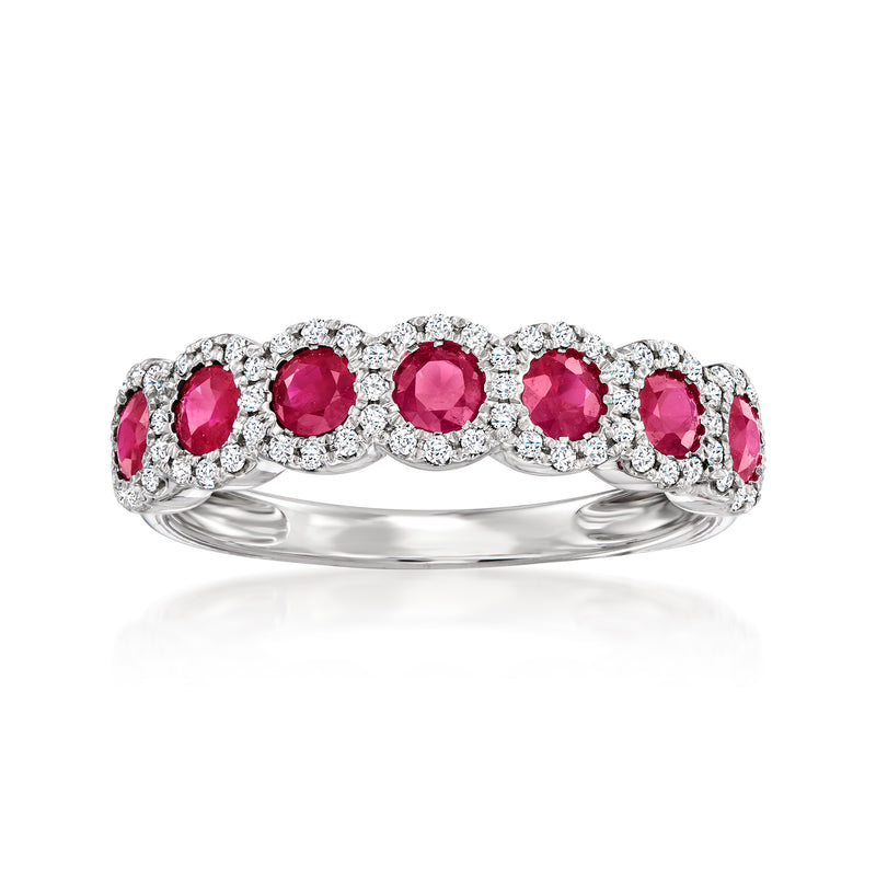 14kt white gold ring with round red rubies and white diamond halo accents