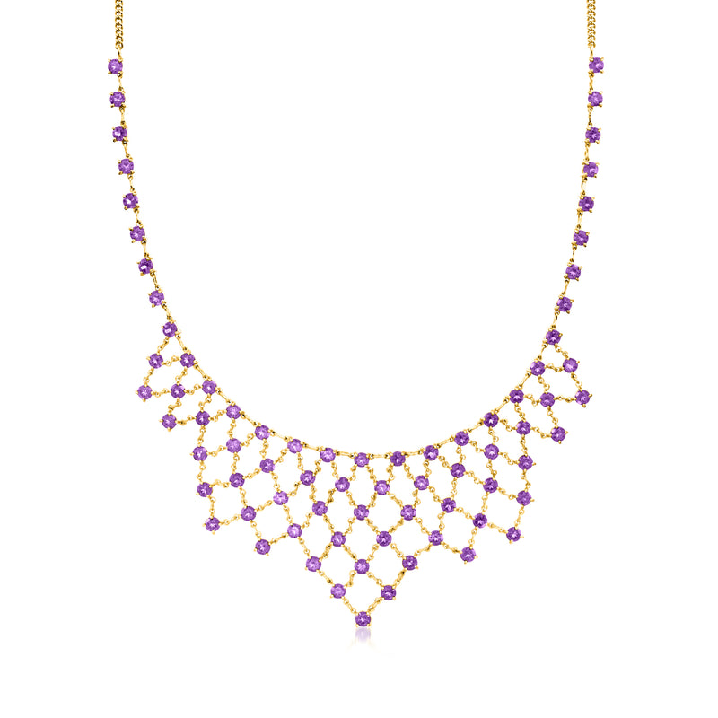 Amethyst bib necklace with yellow gold over sterling chain and purple gemstone rows