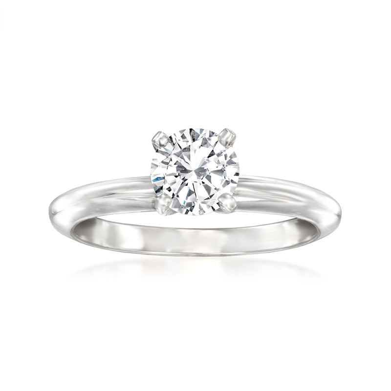 14kt white gold solitaire diamond ring with round center stone, split prongs