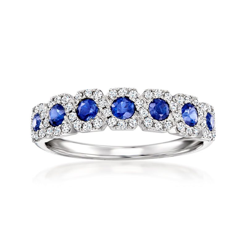 14kt white gold ring with blue sapphire and diamond cluster stones