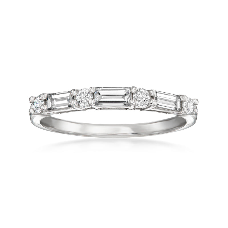 14kt white gold diamond ring with baguette and round stones in a channel setting