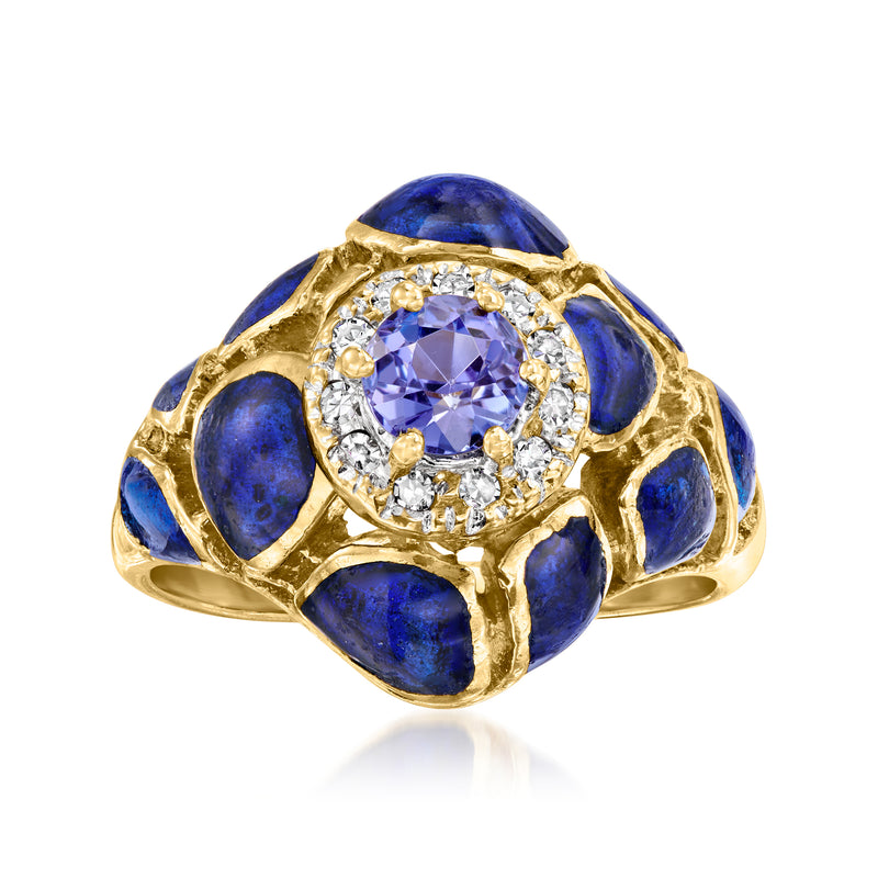 Vintage 18kt yellow gold ring with oval tanzanite, blue enamel panels, and diamond halo