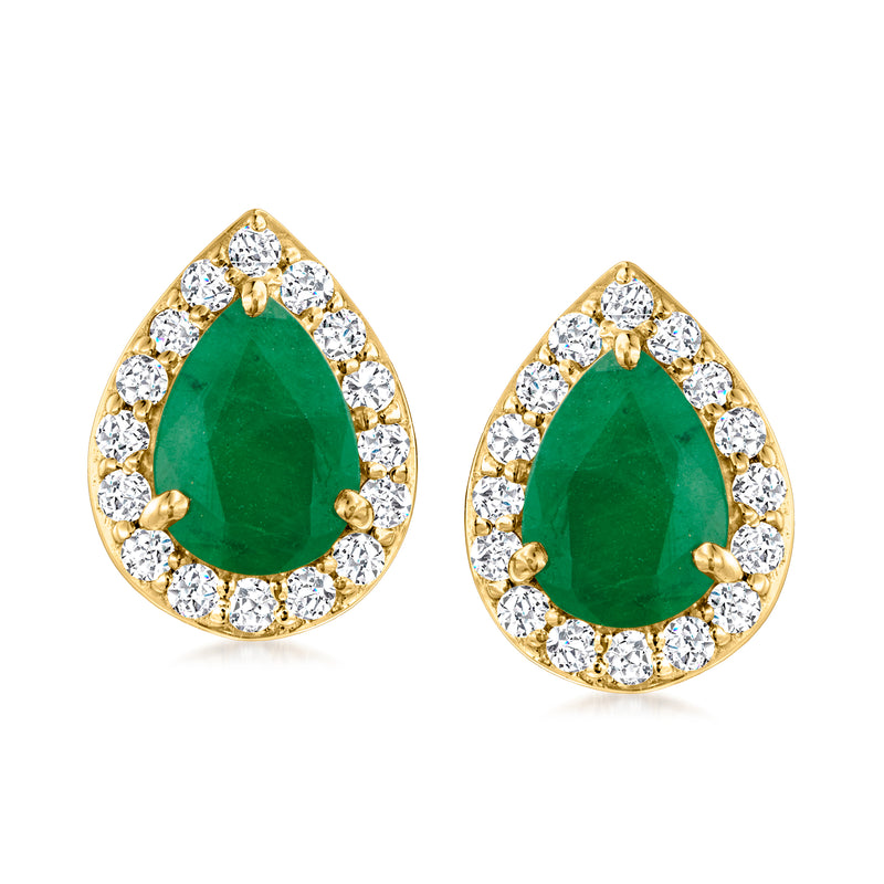 18k yellow gold teardrop emerald and diamond post earrings