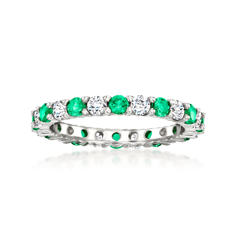 Sterling silver eternity band with green simulated emeralds and clear CZ accents
