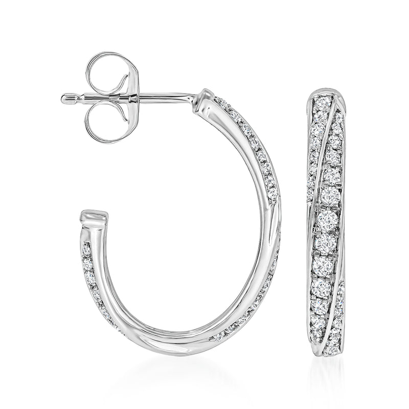 14kt white gold twisted C-hoop earrings with diamond accents