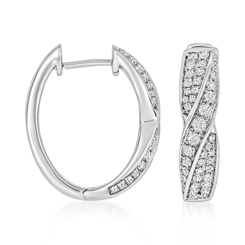 14kt white gold diamond twisted hoop earrings, front and side views