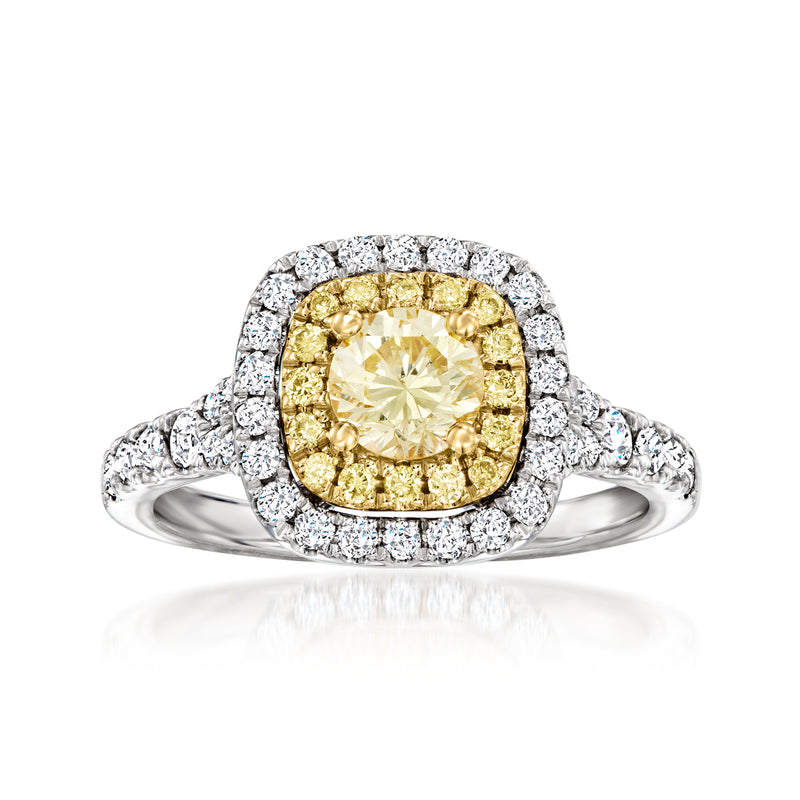 Two-tone 14kt gold diamond ring with yellow center stone, white diamond halo, split shank.