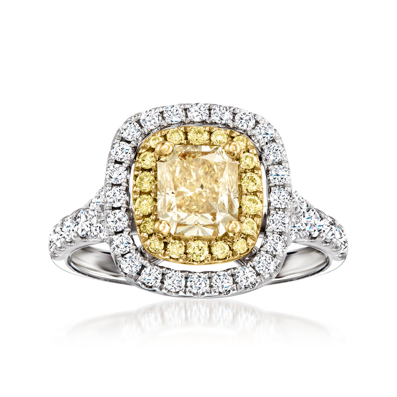 14kt two-tone gold diamond ring with cushion-cut yellow center and white halo