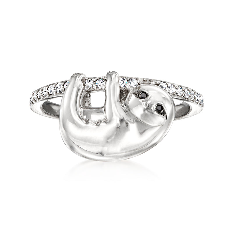 Sterling silver sloth ring with black and white diamond accents
