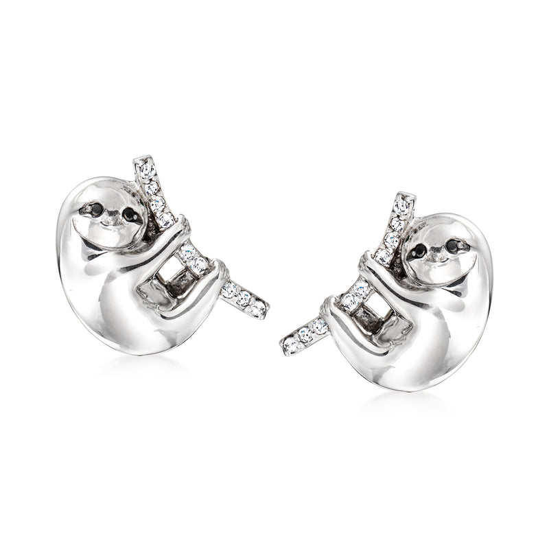 Sterling silver sloth stud earrings with white diamond accents, post backs