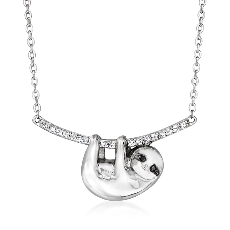 Sterling silver sloth necklace with diamond-accented pendant and link chain